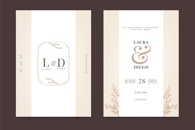 Handgezeichnete Hochzeitseinladungen im flachen Design auf Spanisch