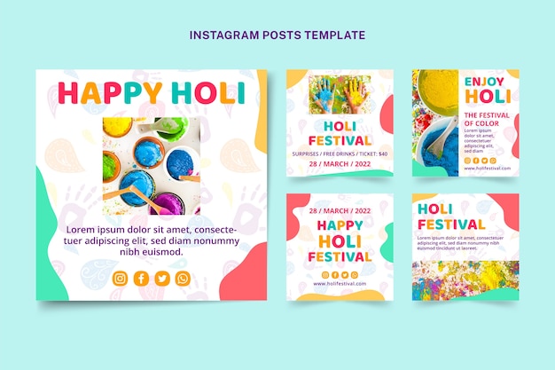 Handgezeichnete Holi-Instagram-Posts-Sammlung