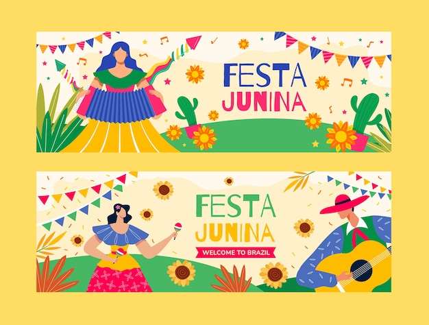 Kostenloser Vektor handgezeichnete horizontale banner von festas juninas