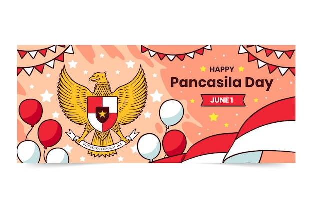 Kostenloser Vektor handgezeichnete horizontale banner-vorlage für den pancasila-tag mit luftballons