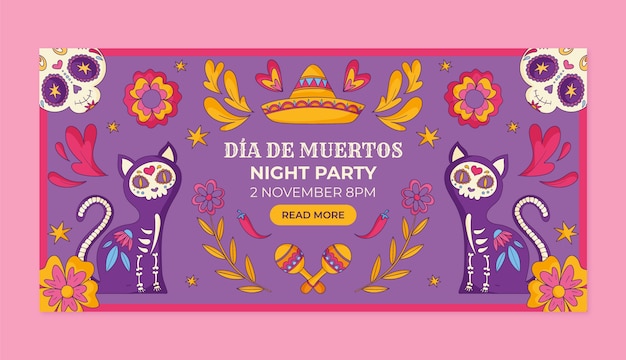 Kostenloser Vektor handgezeichnete horizontale bannervorlage für die mexikanische feier dia de muertos