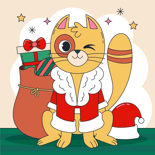 Kostenloser Vektor handgezeichnete illustration der weihnachtszeit mit cartoon-katze