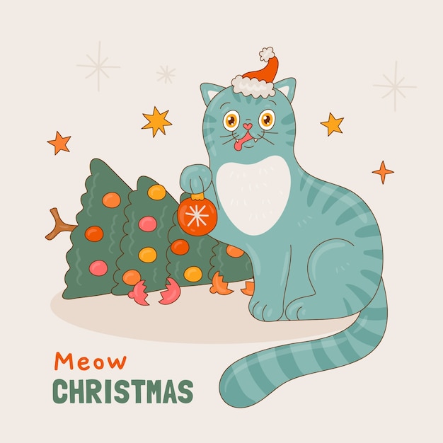 Kostenloser Vektor handgezeichnete illustration der weihnachtszeit mit cartoon-katze