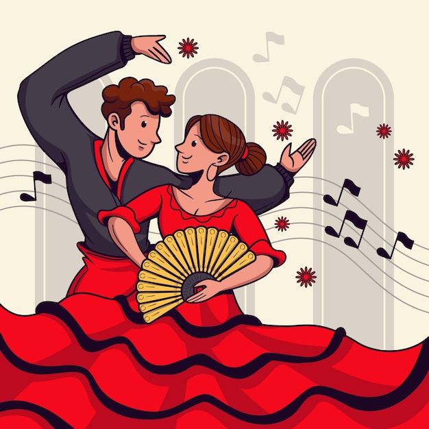 Kostenloser Vektor handgezeichnete illustration eines paares, das flamenco tanzt