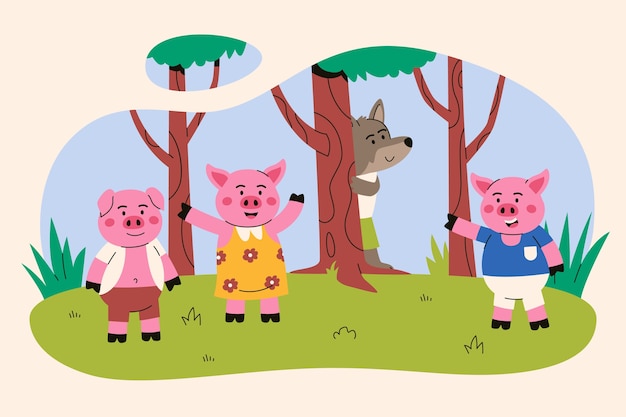 Kostenloser Vektor handgezeichnete illustration mit drei kleinen schweinen