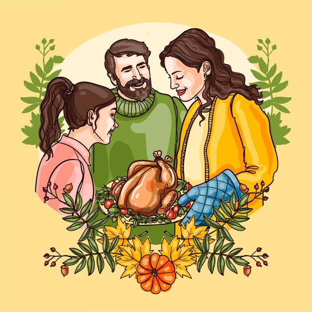 Handgezeichnete Illustration von Menschen, die Thanksgiving feiern