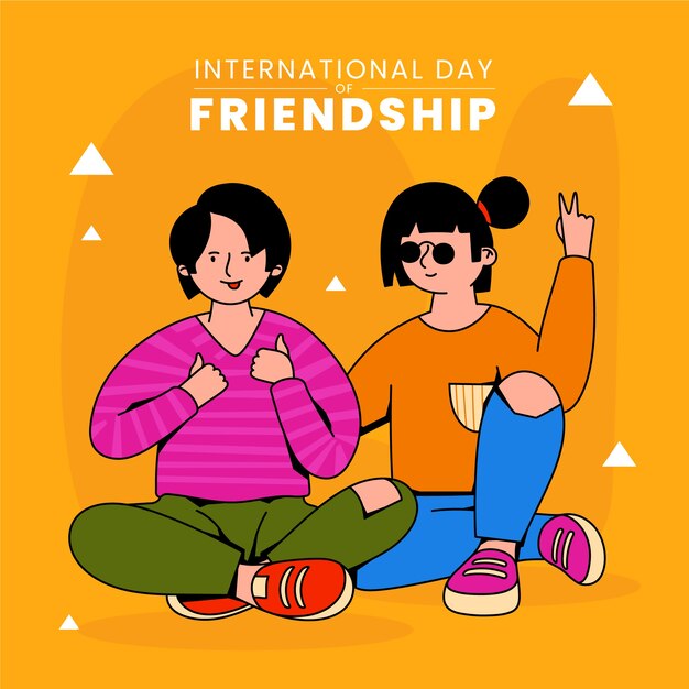 Handgezeichnete Illustration zum Tag der Freundschaft mit Freunden, die Friedenszeichen und Daumen nach oben zeigen
