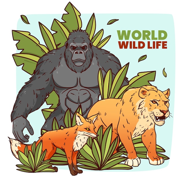 Handgezeichnete illustration zum welttag der wildtiere