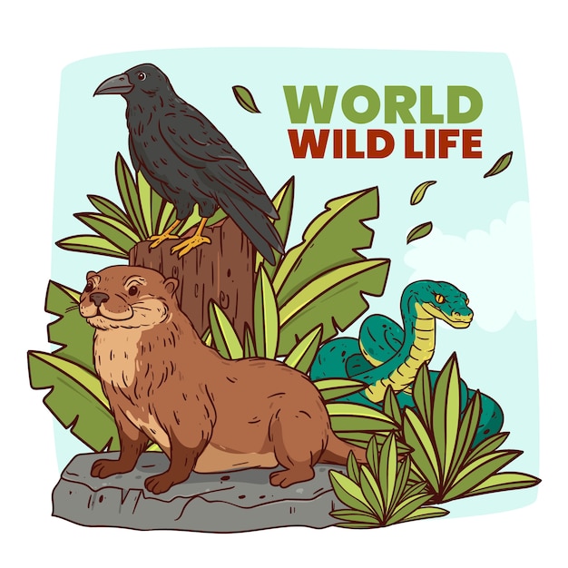 Kostenloser Vektor handgezeichnete illustration zum welttag der wildtiere