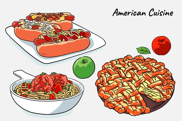 Handgezeichnete Illustrationen der amerikanischen Küche