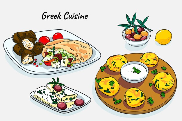 Handgezeichnete Illustrationen der griechischen Küche