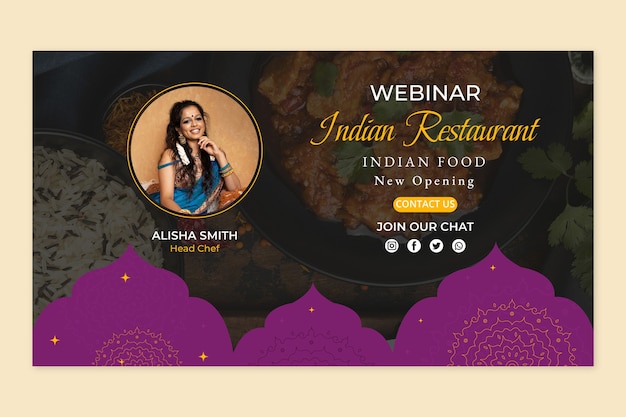 Kostenloser Vektor handgezeichnete indische restaurant-webinar-vorlage