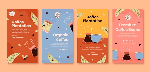 Handgezeichnete Instagram-Geschichten von Kaffeeplantagen