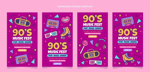 Handgezeichnete Instagram-Geschichten zum Musikfestival der 90er Jahre