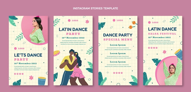 Kostenloser Vektor handgezeichnete instagram-geschichtensammlung für lateinamerikanische tanzpartys