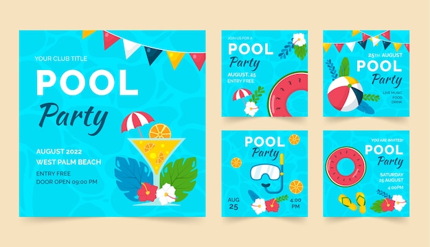 Handgezeichnete instagram-posts für poolpartys