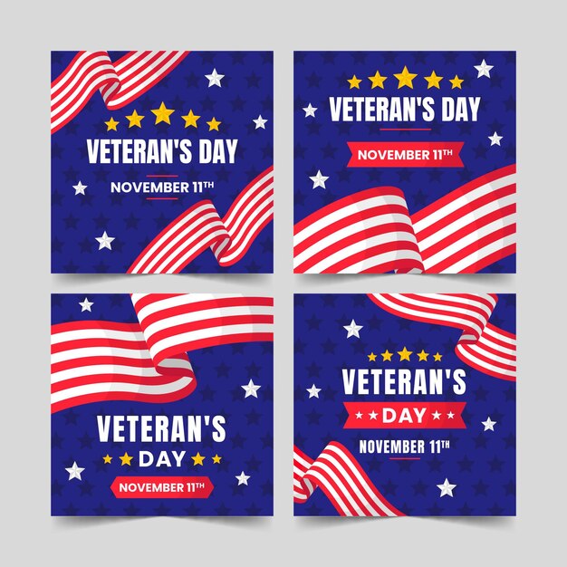 Handgezeichnete Instagram-Posts-Sammlung des flachen Veteranentages