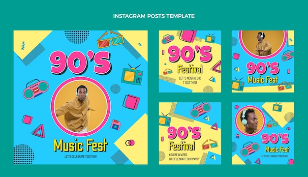 Handgezeichnete instagram-posts zum musikfestival der 90er jahre