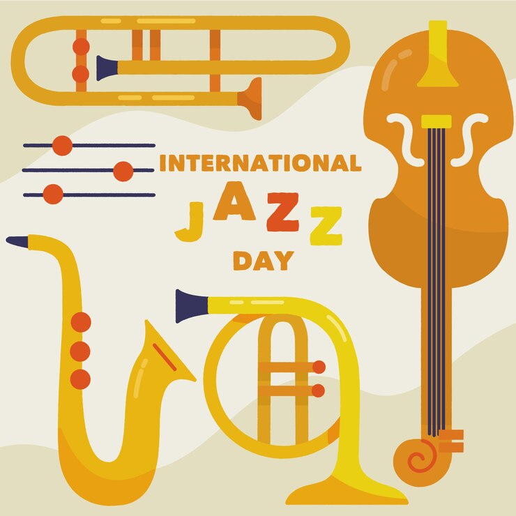 Kostenlose Vektor handgezeichnete internationale jazz-tagesillustrationsinstrumente