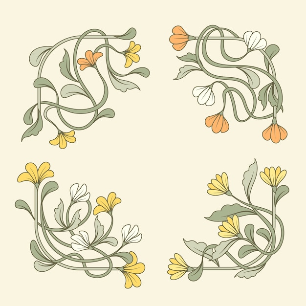 Handgezeichnete jugendstil-rahmen- und bordüren-ornament-kollektion