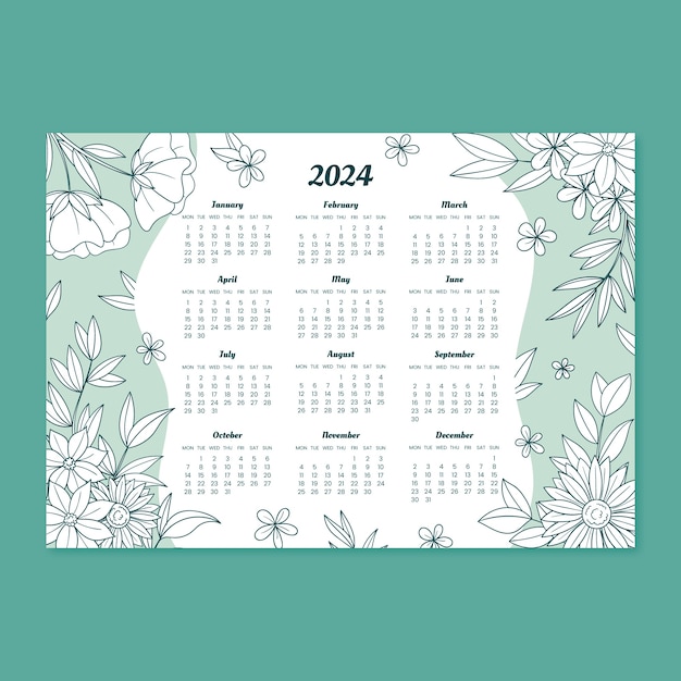 Handgezeichnete kalendervorlage 2024 mit blättern und blumen