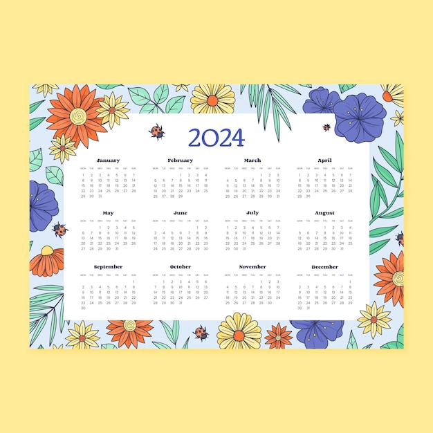 Handgezeichnete kalendervorlage 2024 mit blumen und insekten