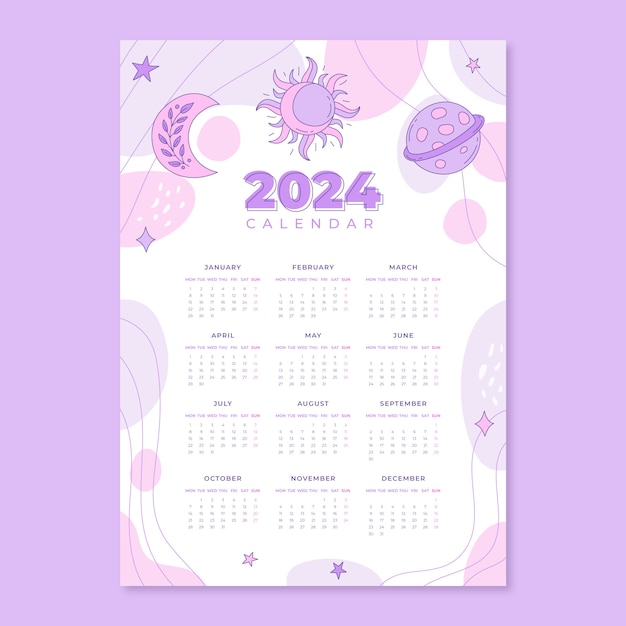 Kostenloser Vektor handgezeichnete kalendervorlage 2024 mit esoterischen elementen und abstrakten formen