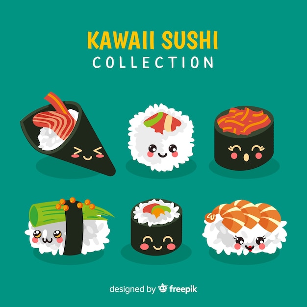 Kostenloser Vektor handgezeichnete kawaii lächelnd sushi-kollektion