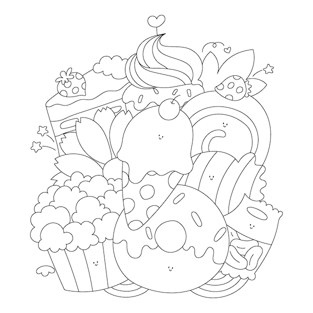 Handgezeichnete kawaii Malbuchillustration