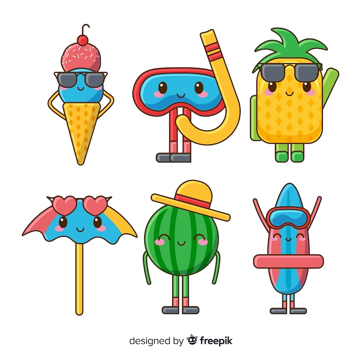 Kostenlose Vektor handgezeichnete kawaii sommer zeichen sammlung