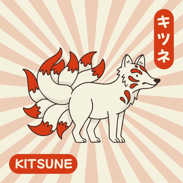 Handgezeichnete kitsune-illustration im flachen design