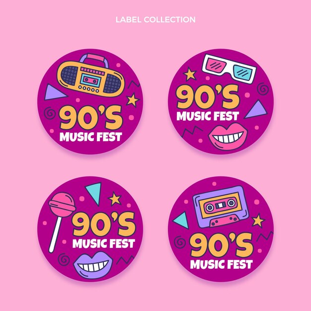Handgezeichnete Labels für nostalgische Musikfestivals der 90er Jahre
