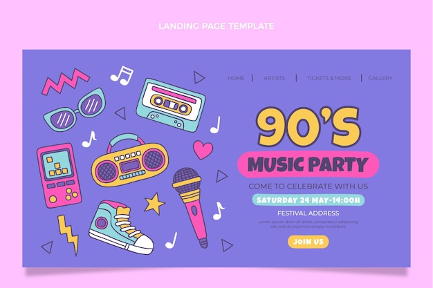 Kostenloser Vektor handgezeichnete landingpage für das musikfestival der 90er jahre