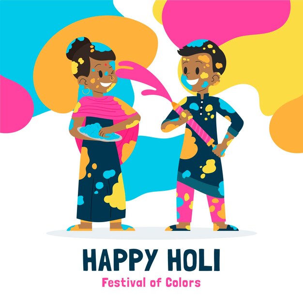 Handgezeichnete Leute, die Holi Festivalillustration feiern