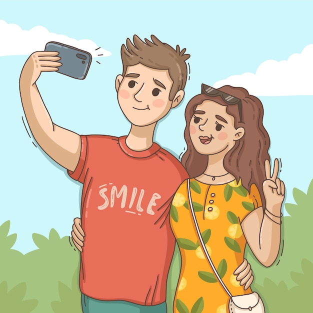 Handgezeichnete leute, die selfie machen Kostenlosen Vektoren