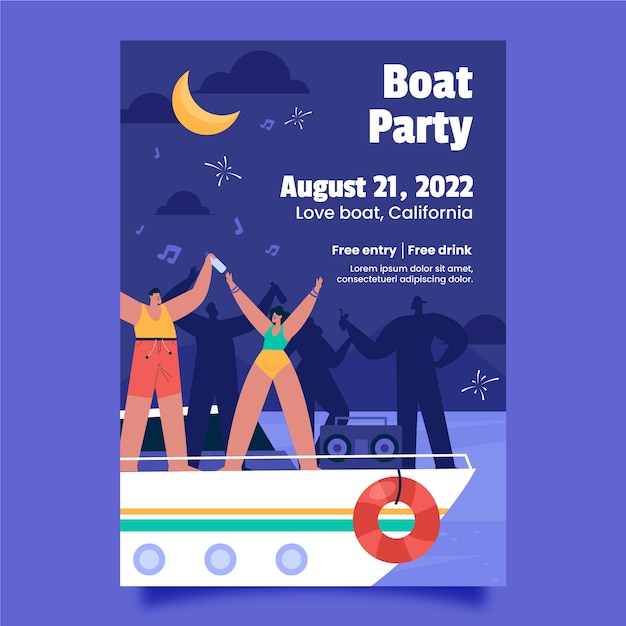 Handgezeichnete leute, die spaß am bootsparty-poster haben