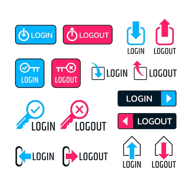 Handgezeichnete login- und logout-buttons etikettensammlung