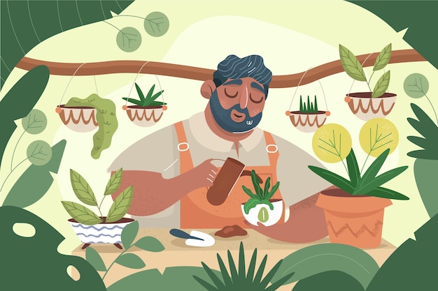 Handgezeichnete menschen, die sich um pflanzen kümmern