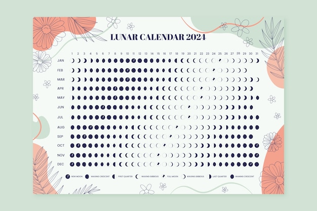 Handgezeichnete Mondkalendervorlage 2024 mit Blättern und Vegetation