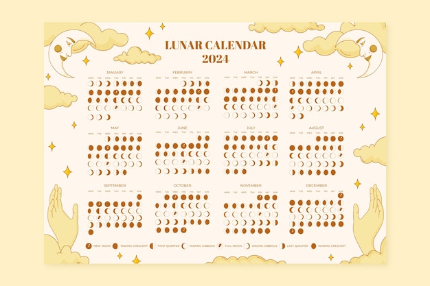 Kostenloser Vektor handgezeichnete mondkalendervorlage 2024 mit esoterischen elementen
