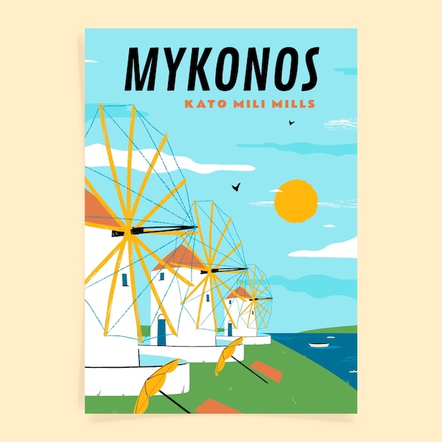Kostenloser Vektor handgezeichnete mykonos-plakatvorlage