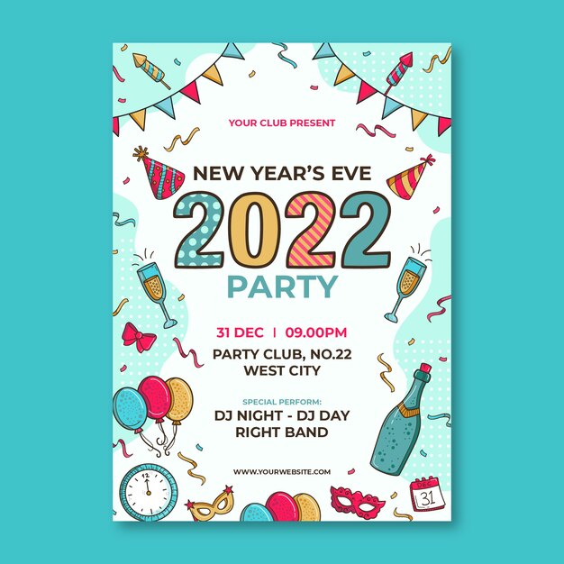 Handgezeichnete Party-Flyer-Vorlage für das neue Jahr