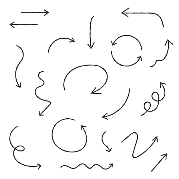 Kostenloser Vektor handgezeichnete pfeile-sammlung, bleistiftlinie, dick bis dünn