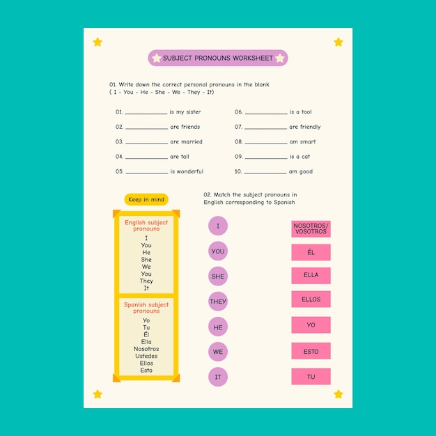 Kostenloser Vektor handgezeichnete pronomen-arbeitsblattillustration