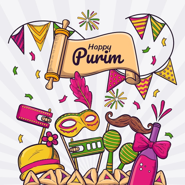 Kostenloser Vektor handgezeichnete purim-illustration