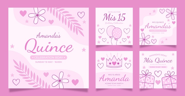 Handgezeichnete quinceanera instagram posts sammlung