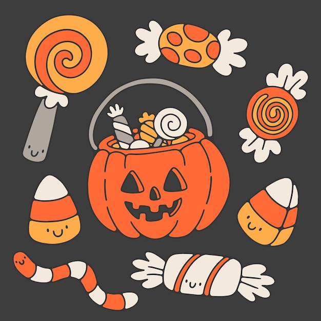 Handgezeichnete Sammlung von Halloween-Süßigkeitselementen