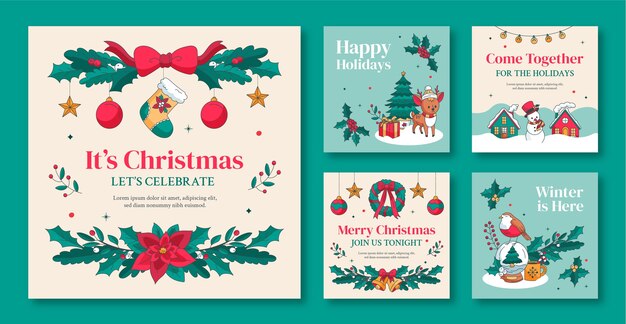 Handgezeichnete Sammlung von Instagram-Beiträgen für die Weihnachtszeit