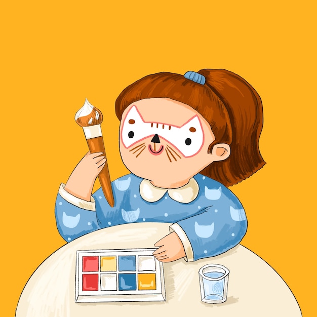 Handgezeichnete schminkillustration mit mädchen und farbpalette