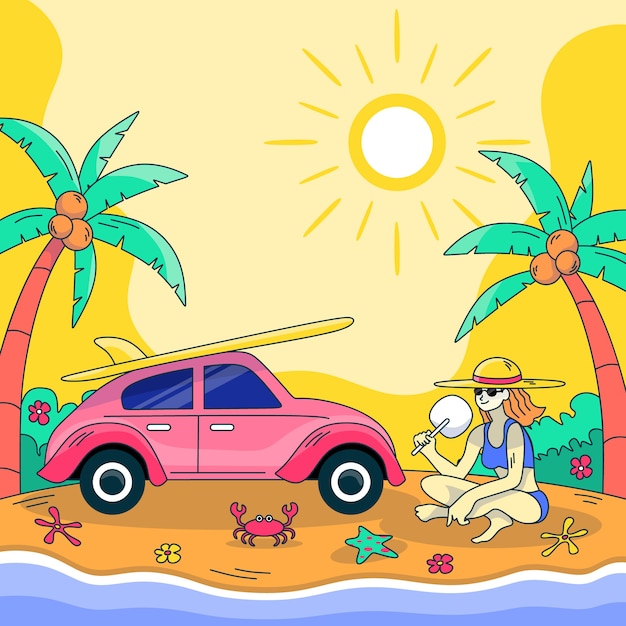 Handgezeichnete Sommerhitzeillustration mit Frau am Strand mit Auto